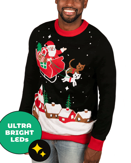 Men's Meowy Christmas Sleigh Light Up Ugly Christmas Sweater