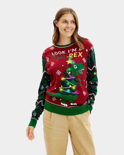 LED-Weihnachtspullover für Damen mit Weihnachtsbaum-Rex
