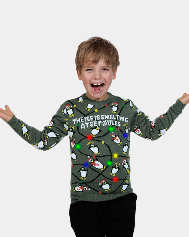 Kids Christmas Sweater LED Light-Up Gray with Penguins