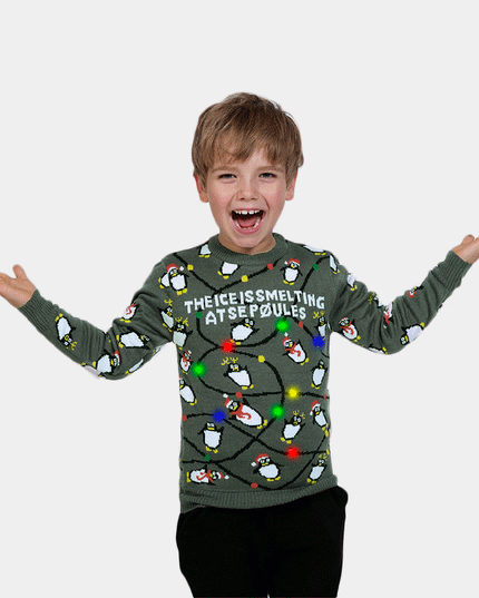LED Light-Up Gray Christmas Sweater for Kids with Penguins