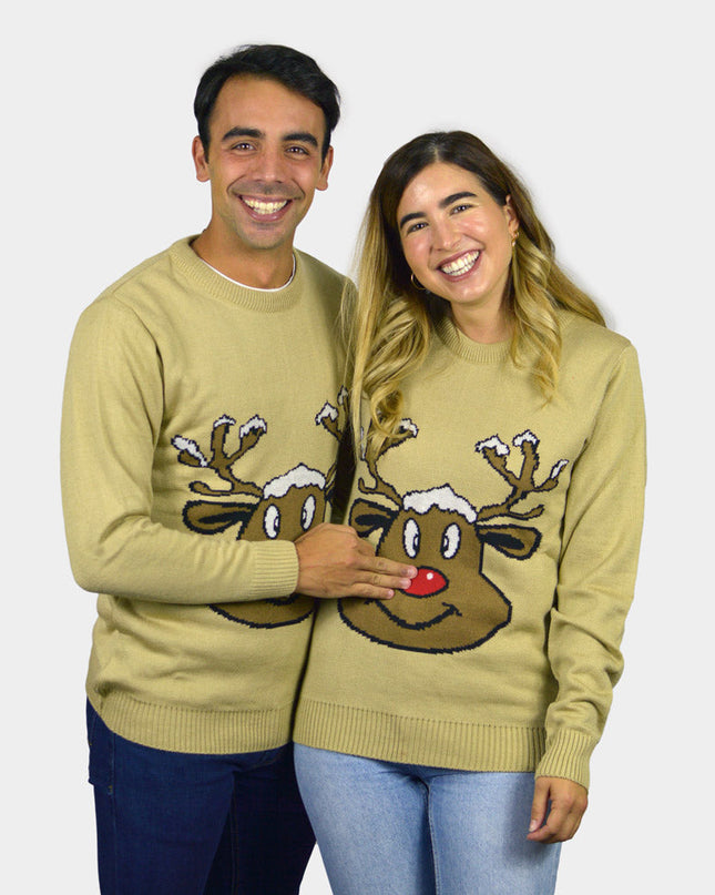 Christmas Sweater for Family Beige with Smiling Reindeer