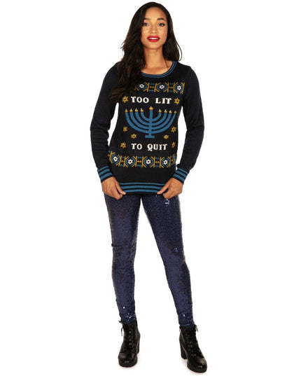 Women's Too Lit to Quit Light Up Ugly Hanukkah Sweater