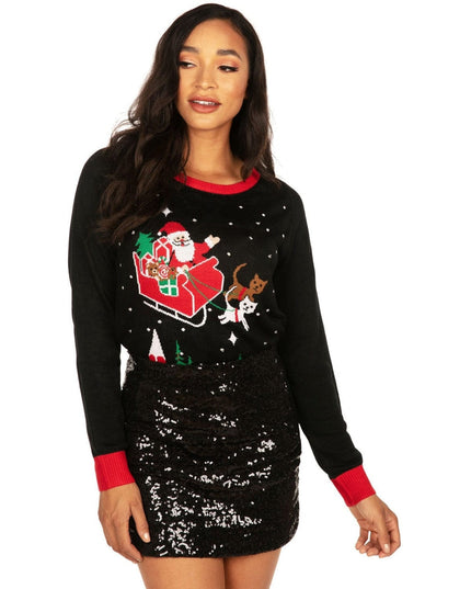 Women's Meowy Christmas Sleigh Light Up Ugly Christmas Sweater