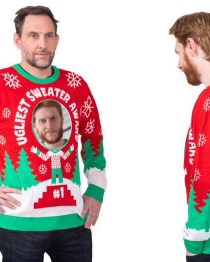 Interaktiver 3D-Weihnachtspullover mit der Aufschrift „Hässlichster Pullover“.