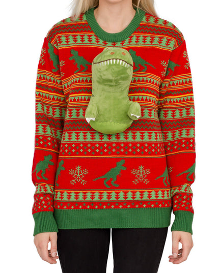 3D-T-Rex-Plüsch-Weihnachtspullover für Damen