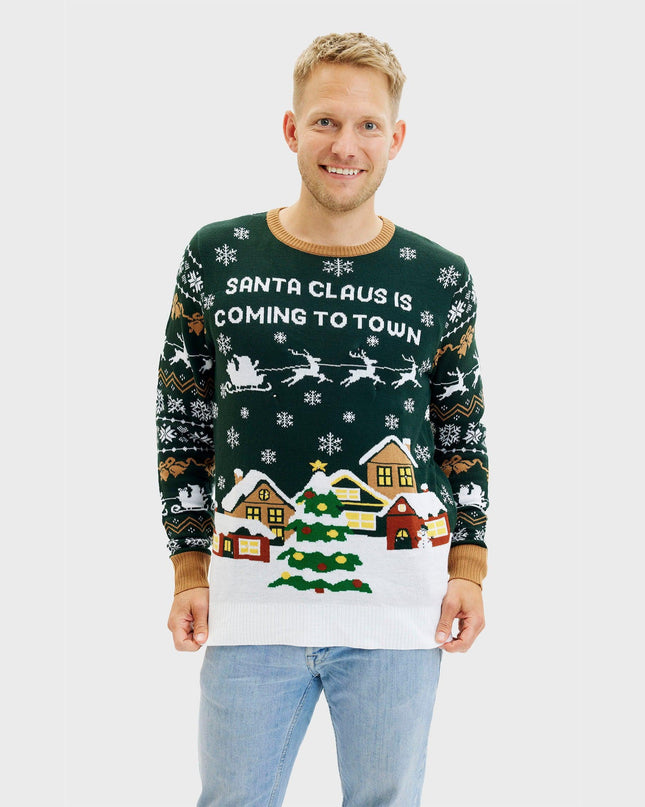 Santa Claus Is Coming To Town LED Green Sweater for Men