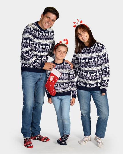 Striped Christmas Sweater for Family with Reindeer and Trees
