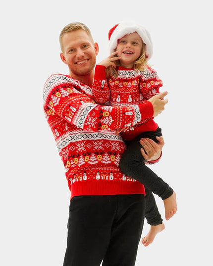 Family Christmas Sweater Red with Snowmen and Trees in Organic Cotton