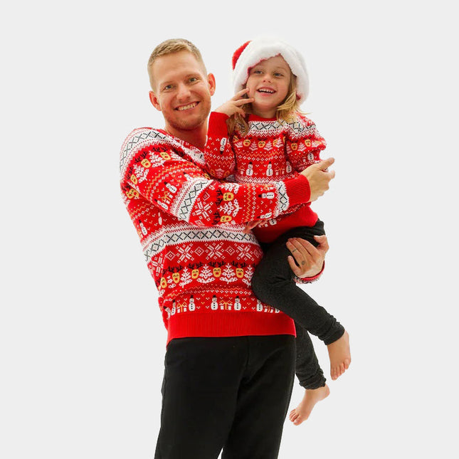 Organic Cotton Red Christmas Sweater for Kids with Snowmen