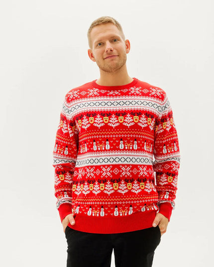 Family Christmas Sweater Red with Snowmen and Trees in Organic Cotton