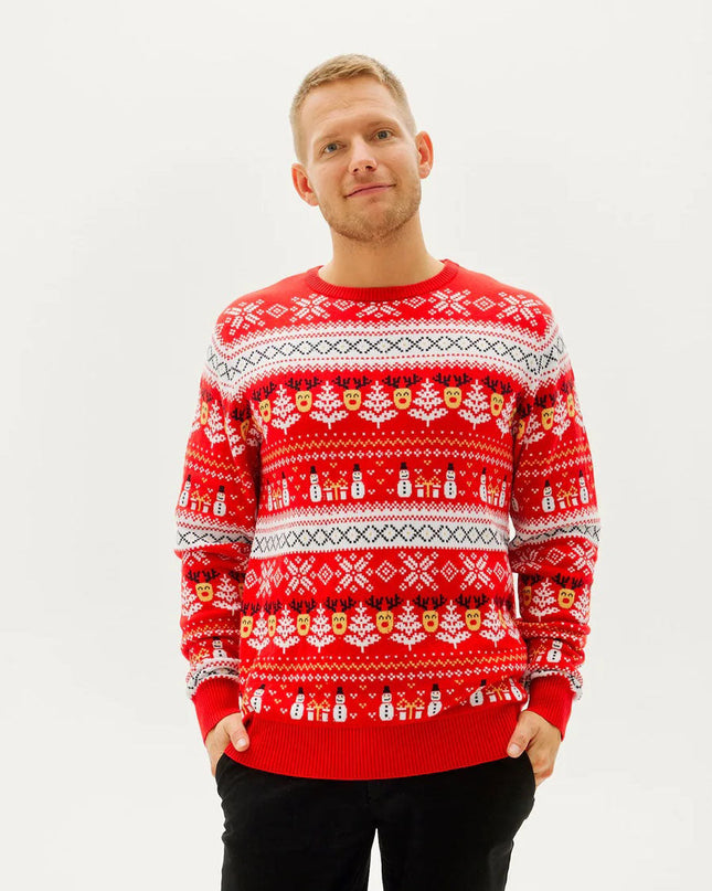 Family Christmas Sweater Red with Snowmen and Trees in Organic Cotton