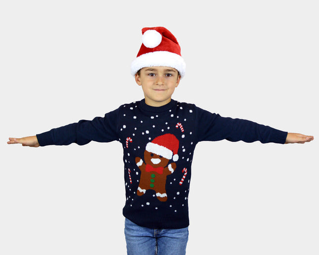Kids Christmas Sweater Blue Gingerbread Design