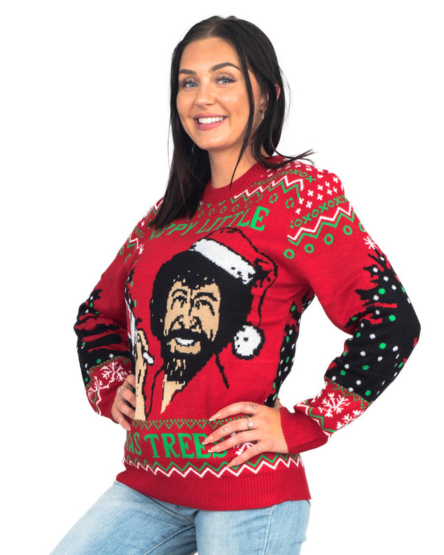 Bob Ross Weihnachtspullover für Damen mit dem Aufdruck „Happy Little Trees“