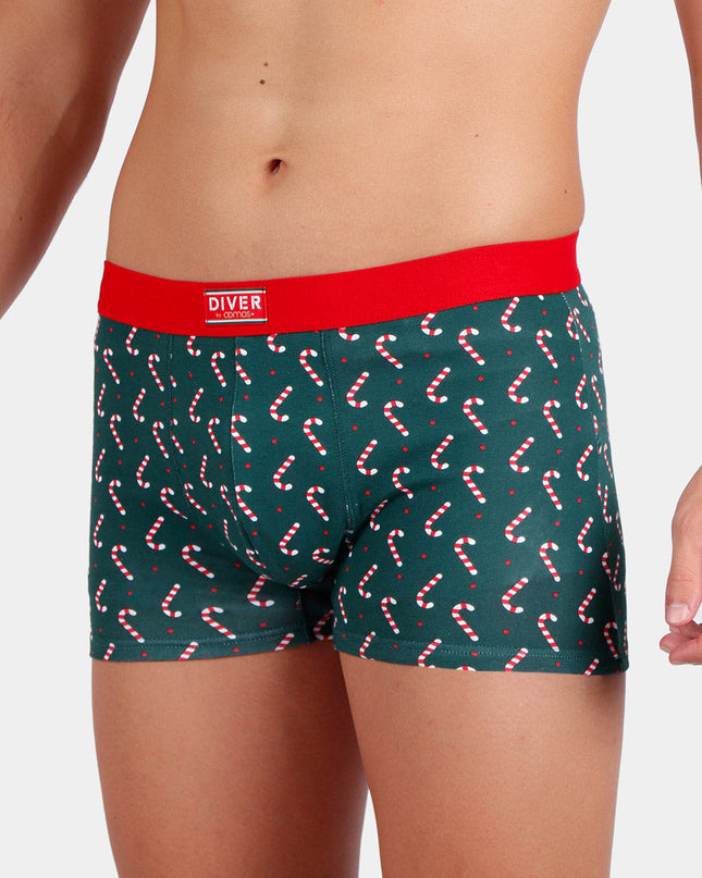 Grüne Herren-Weihnachtsboxershorts mit Weihnachtsstöcken + Geschenkbox