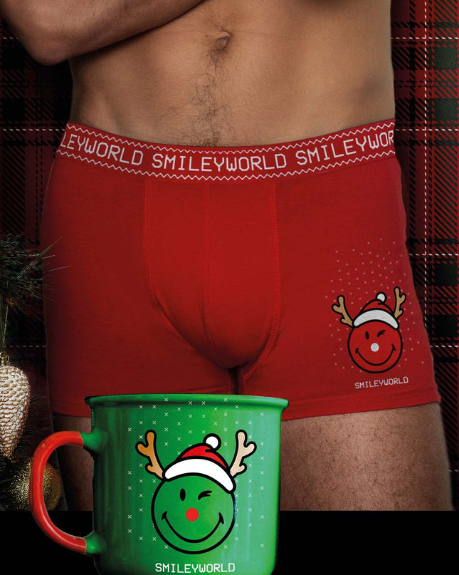 Rote Weihnachtsboxershorts für Herren + Weihnachtsbecher