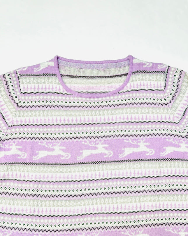 Vintage-Weihnachtspullover – Lila Rentiermuster