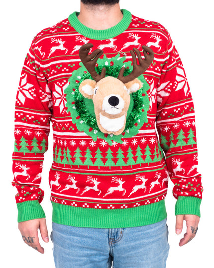 hässlicher Weihnachtspullover mit Rentier-Trophäenkopf, 3D-LED