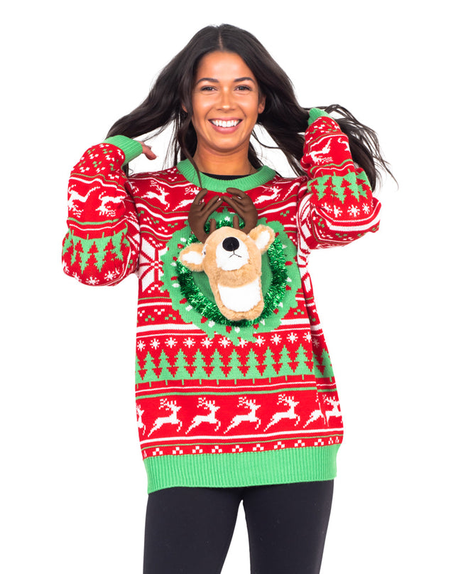 hässlicher Weihnachtspullover mit Rentier-Trophäenkopf, 3D-LED