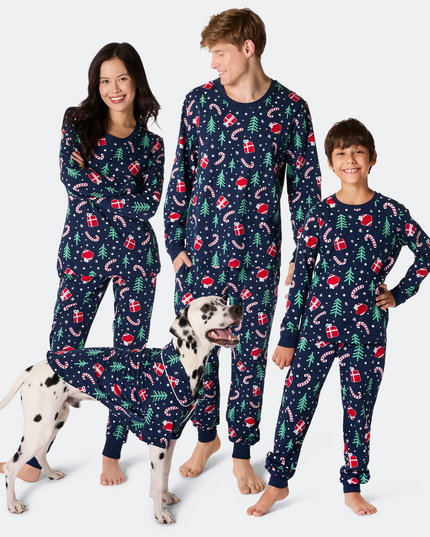 Familienpyjama mit blauem Weihnachtsmuster | Gemütliches Festtags-Set