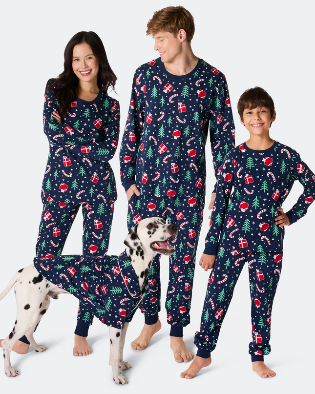 Familienpyjama mit blauem Weihnachtsmuster | Gemütliches Festtags-Set