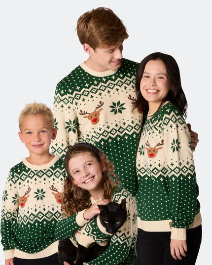 Matching Family Christmas Sweaters - Green Retro Reindeer
