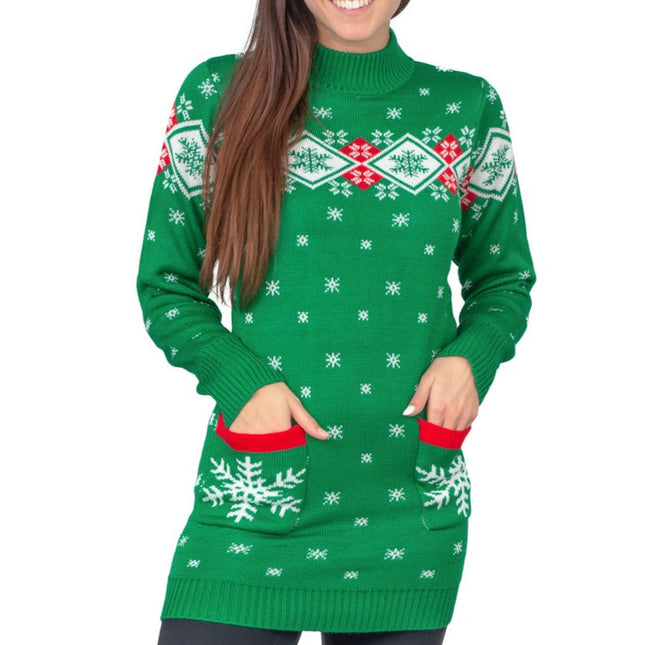 Weihnachtspulloverkleid mit festlichem Schneeflockenmuster für Damen