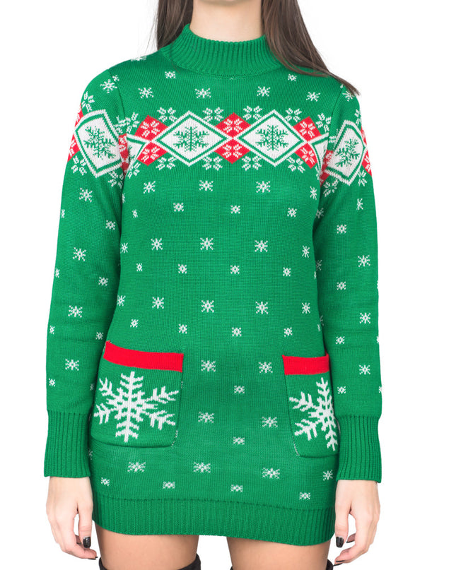 Weihnachtspulloverkleid mit festlichem Schneeflockenmuster für Damen