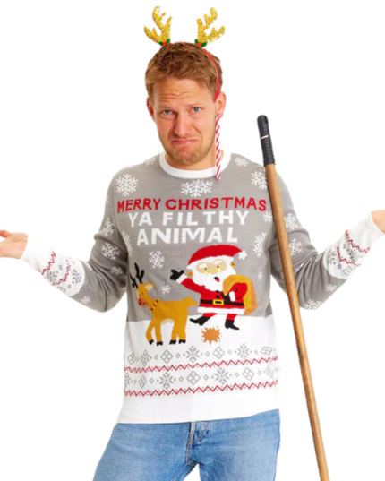 Fröhliche Weihnachten, du Dreckskerl, grauer Pullover