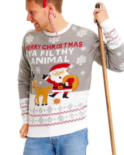 Fröhliche Weihnachten, du Dreckskerl, grauer Pullover