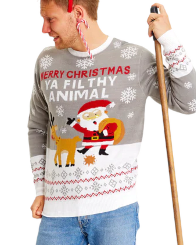 Fröhliche Weihnachten, du Dreckskerl, grauer Pullover