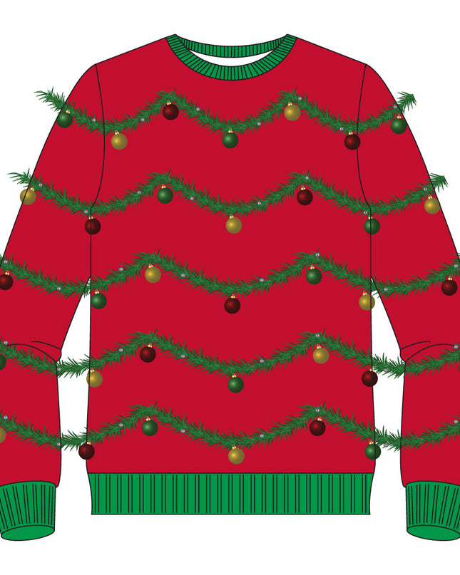 Roter 3D-Girlande und Ornament, hässlicher Weihnachtspullover