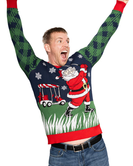 Golfender Weihnachtsmann gestrickter hässlicher Weihnachtspullover