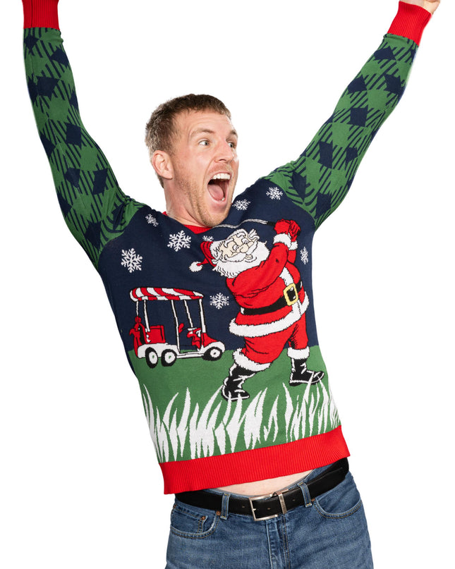 Golfender Weihnachtsmann gestrickter hässlicher Weihnachtspullover