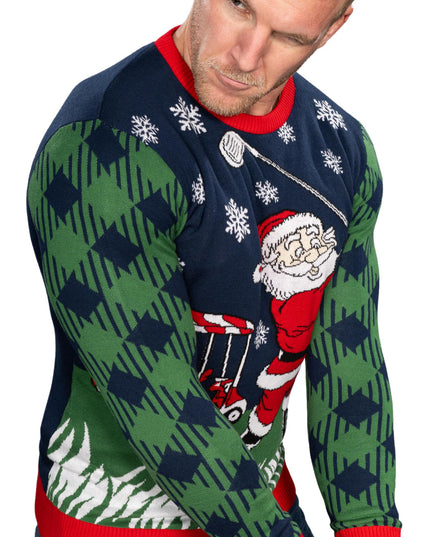 Golfender Weihnachtsmann gestrickter hässlicher Weihnachtspullover