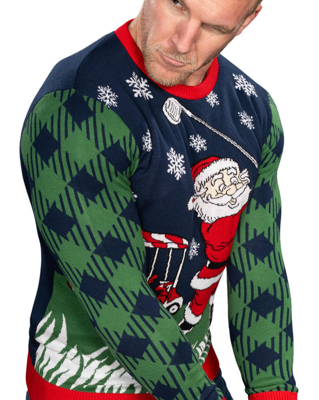 Golfender Weihnachtsmann gestrickter hässlicher Weihnachtspullover