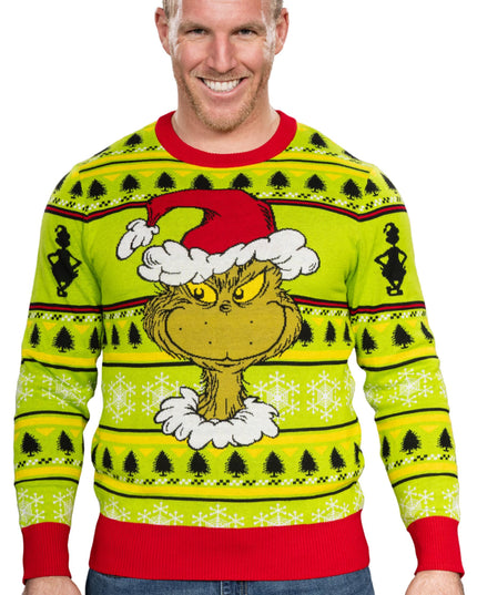 Grinch-Kopf, Weihnachtsmannmütze, Kranz, hässlicher Weihnachtspullover