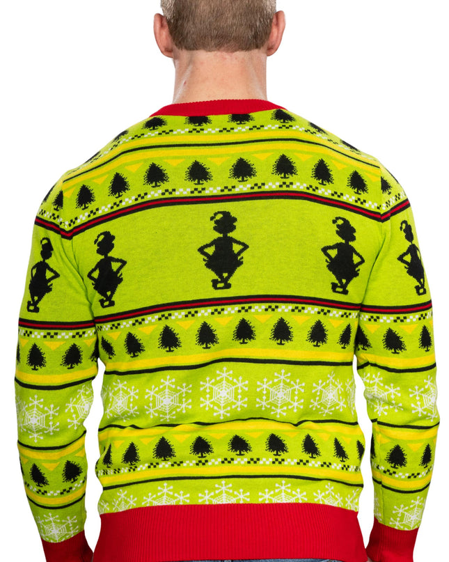 Grinch-Kopf, Weihnachtsmannmütze, Kranz, hässlicher Weihnachtspullover