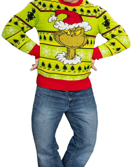 Grinch-Kopf, Weihnachtsmannmütze, Kranz, hässlicher Weihnachtspullover