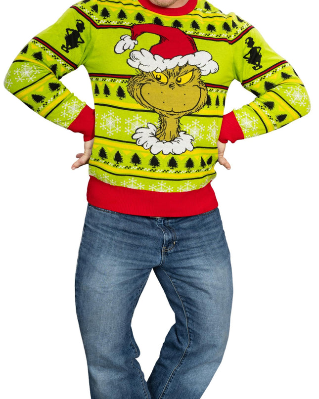 Grinch-Kopf, Weihnachtsmannmütze, Kranz, hässlicher Weihnachtspullover