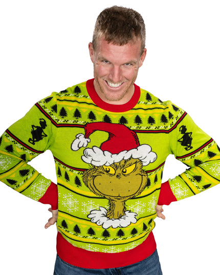 Grinch-Kopf, Weihnachtsmannmütze, Kranz, hässlicher Weihnachtspullover