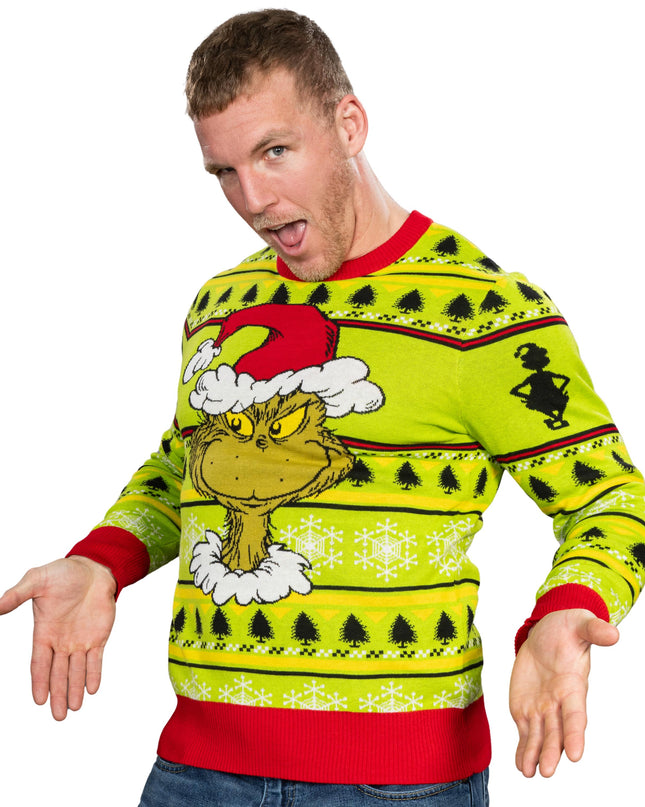 Grinch-Kopf, Weihnachtsmannmütze, Kranz, hässlicher Weihnachtspullover