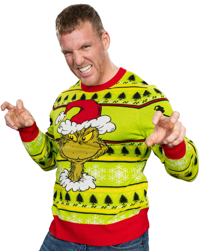 Grinch-Kopf, Weihnachtsmannmütze, Kranz, hässlicher Weihnachtspullover