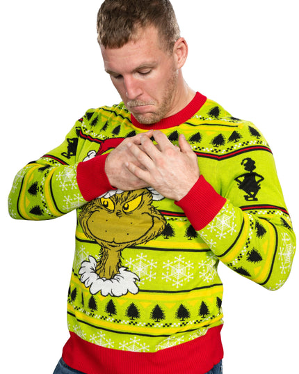 Grinch-Kopf, Weihnachtsmannmütze, Kranz, hässlicher Weihnachtspullover