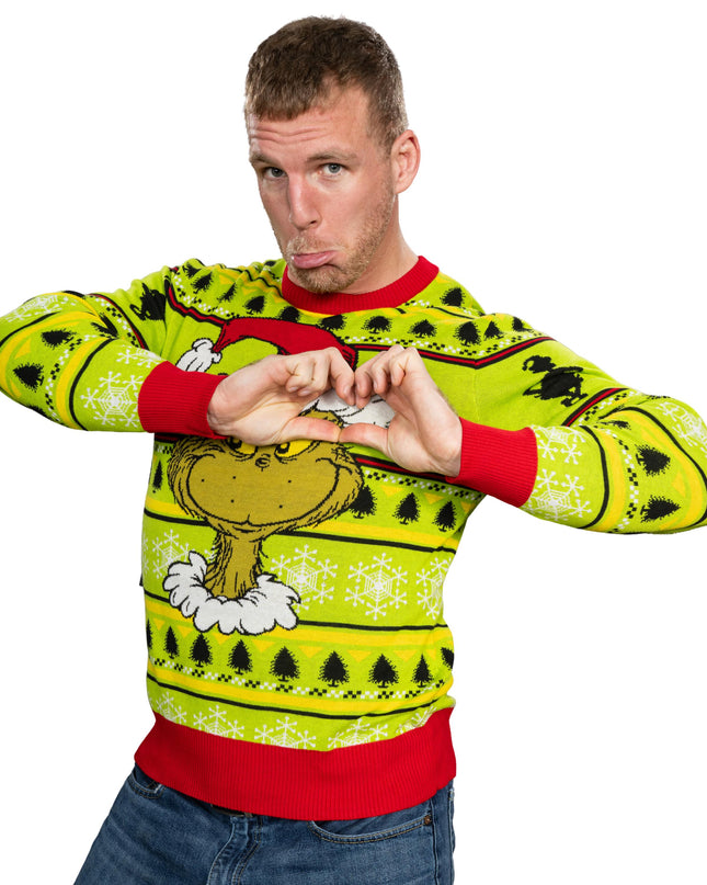 Grinch-Kopf, Weihnachtsmannmütze, Kranz, hässlicher Weihnachtspullover