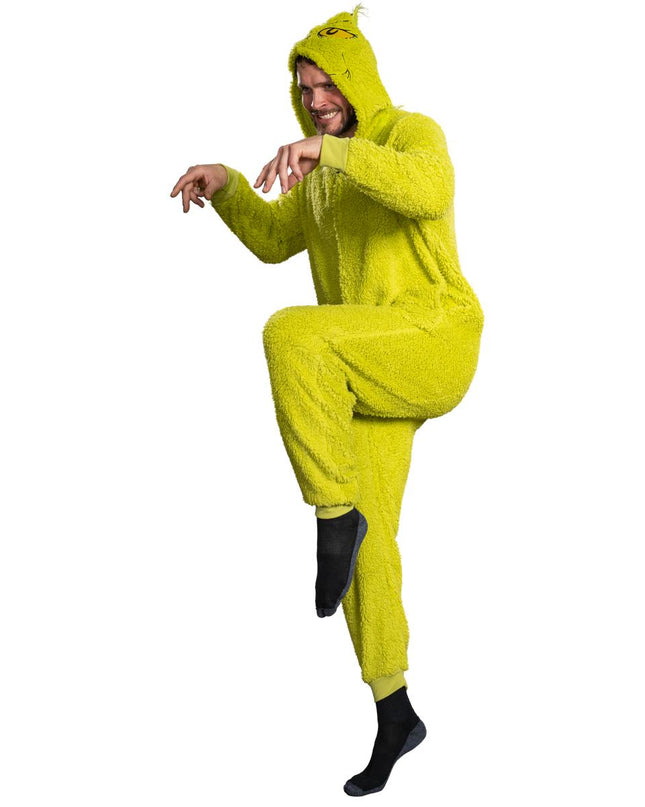 Grinch-Sherpa-Einteiler mit Reißverschluss am Kopf