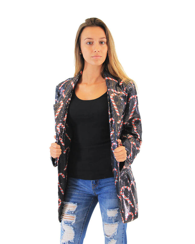 Damen-Pailletten-Zuckerstangen-Blazerjacke