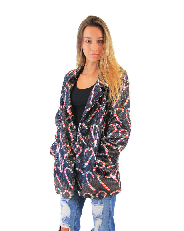 Damen-Pailletten-Zuckerstangen-Blazerjacke