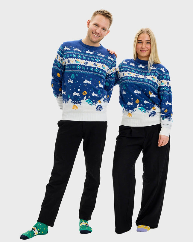 Niedlicher blauer Osterpullover – Herrenversion