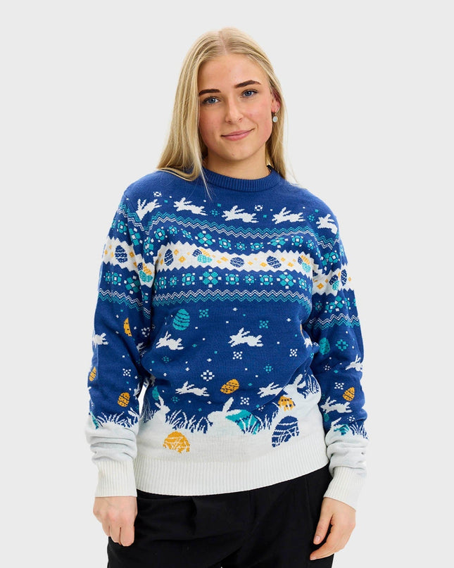 Niedlicher blauer Osterpullover – Damenversion