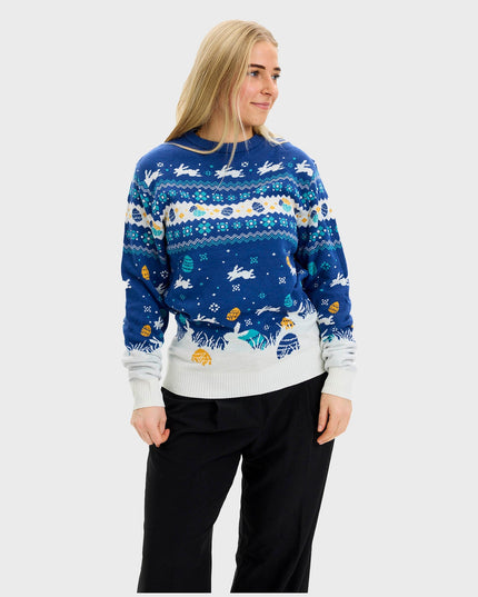 Niedlicher blauer Osterpullover – Damenversion